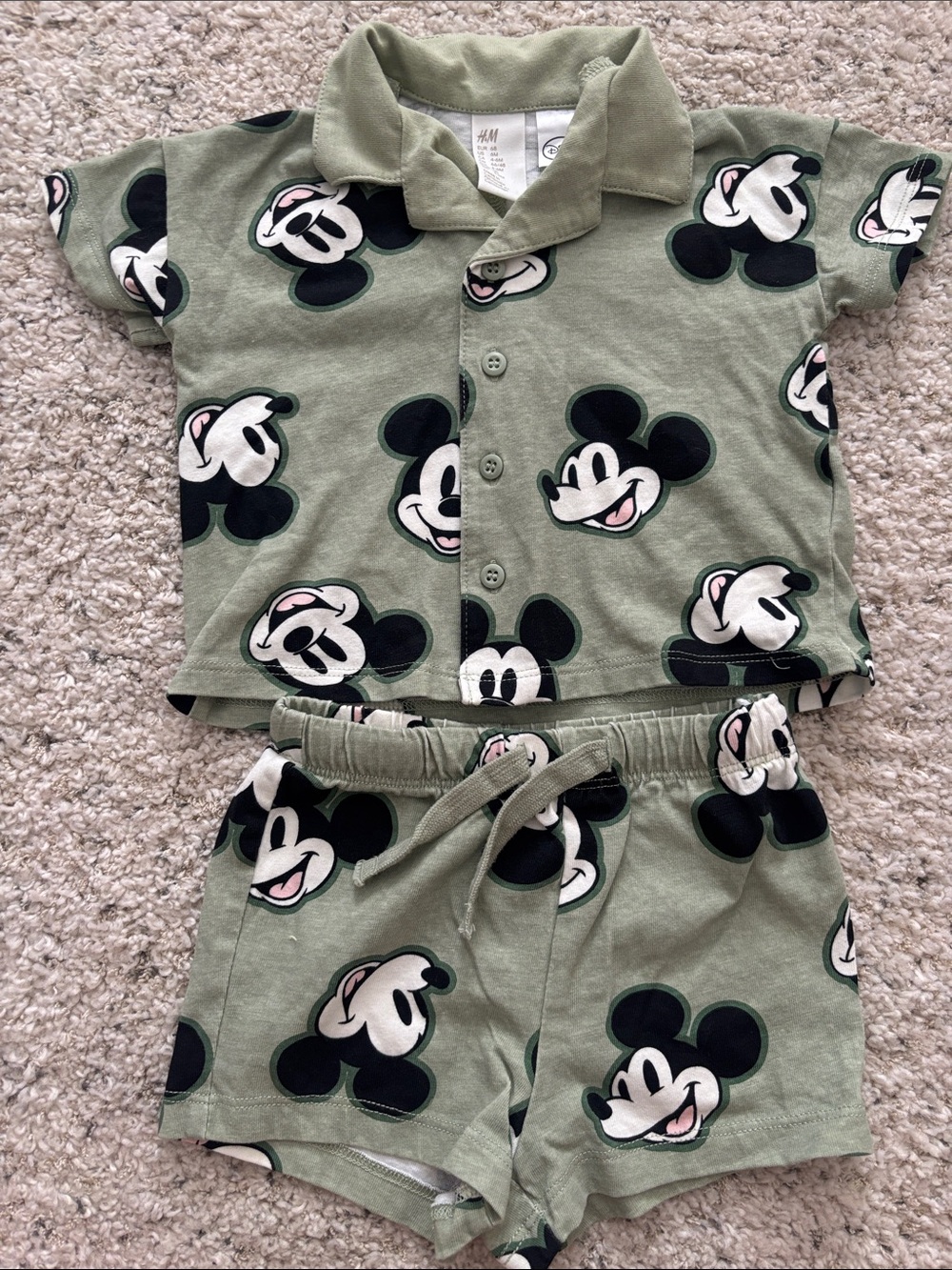 H&M Sage Green Mickey Mouse Button-Up Top & Shorts Set